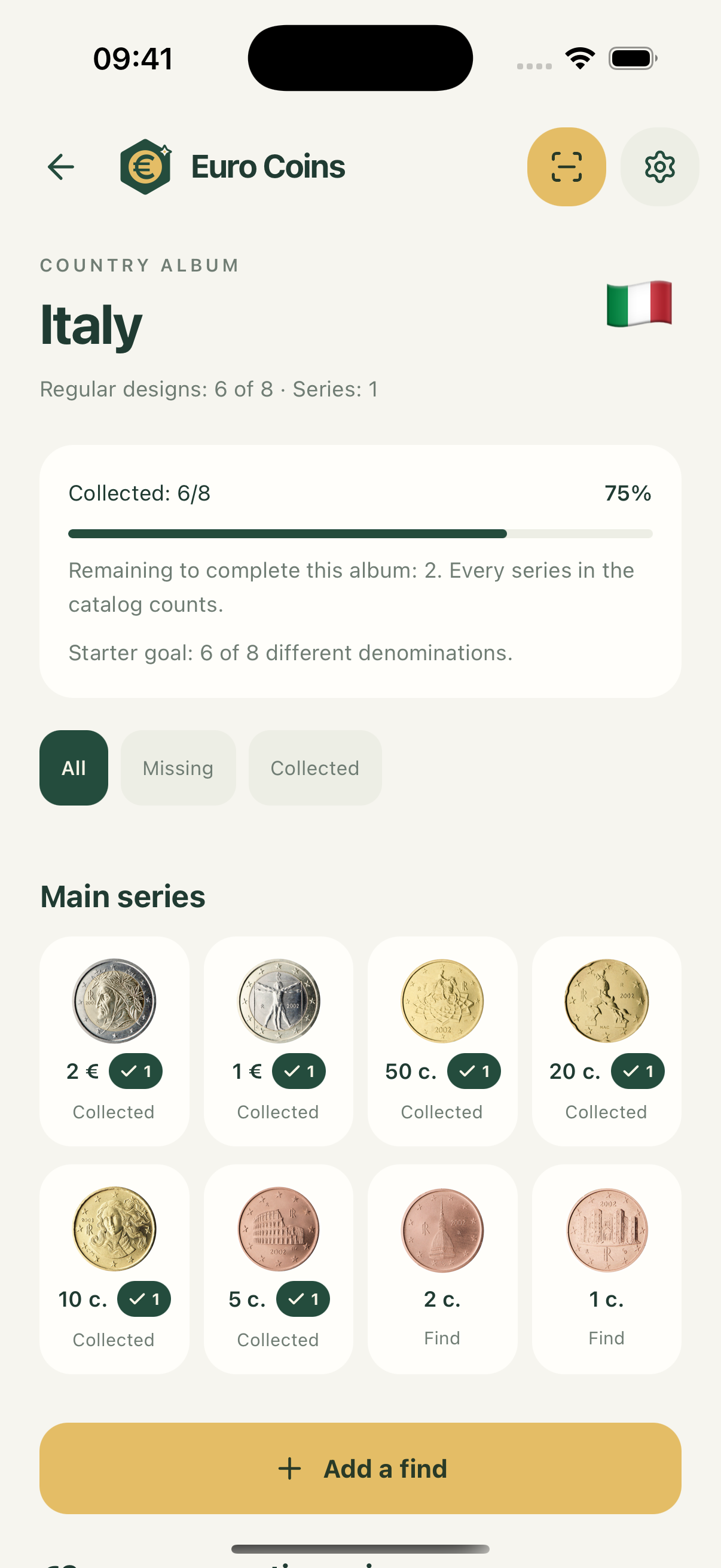 Country albums and collection progress in Euro Coins